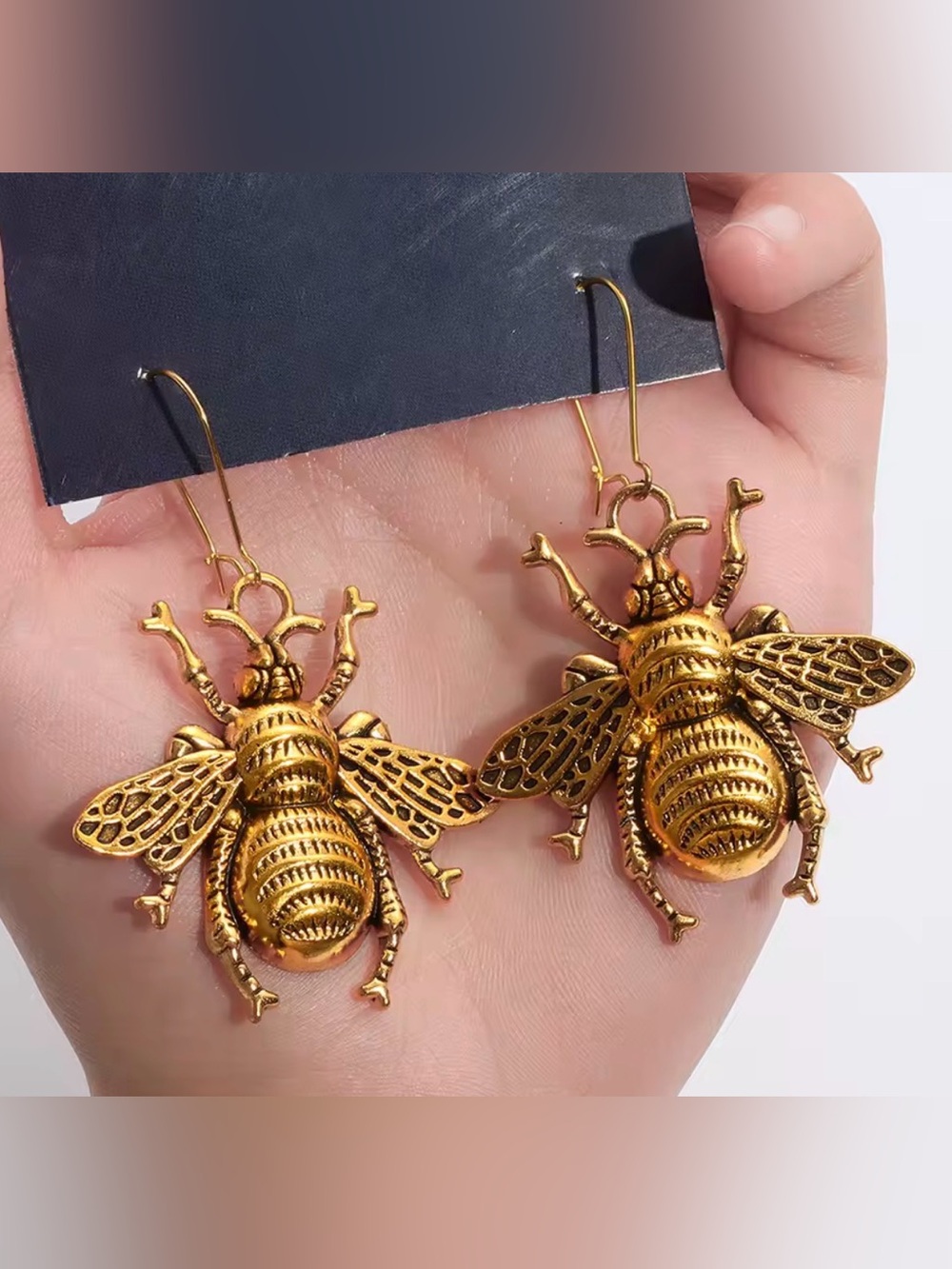 Gold Bee Drop Earrings - Beatle Jewelry - Picture 2 of 5